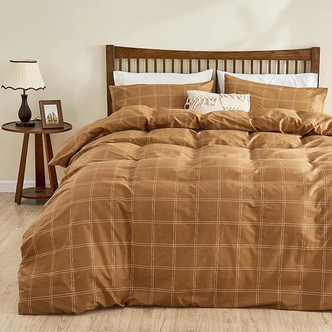 Recyclable JELLYMONI Natural Cotton Queen Duvet Cover Set 3pcs Plaid Duvet Cover Sets with Zipper Closure Grid Geometric Pattern Comforter Cover Rust Minimalist