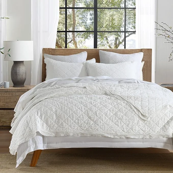 Versatile HORIMOTE HOME Linen Front Cotton Back Quilt Set King Size White Pre-Washed European Flax Linen Quilt Diamond Stitch Bedspread Coverlet Bedding Set 3-Piece for All Seasons Fashionable