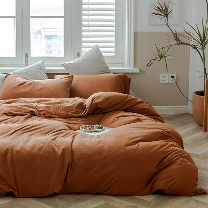 Exceptional LifeTB Terracotta Burnt Orange Duvet Cover Queen Jersey Knit Duvet Cover Set T-Shirt Cotton Comforter Cover Rust Color Caramel Bedding Set Boho Pumpkin Orange Comforter Cover with Zipper Closure First-Class