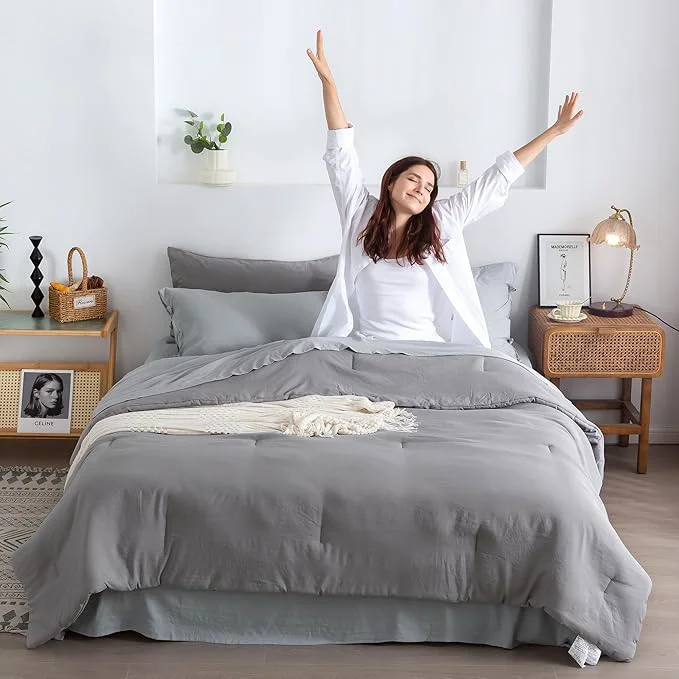Casual COTTEBED Super Soft King Size Comforter Set with Sheets - 7 Pieces King Bed in A Bag Modern Farmhouse Solid Polycotton Dark Gray Conforter and Light Grey Bedding Sheet Set Pillow Shams All Season Use Secure