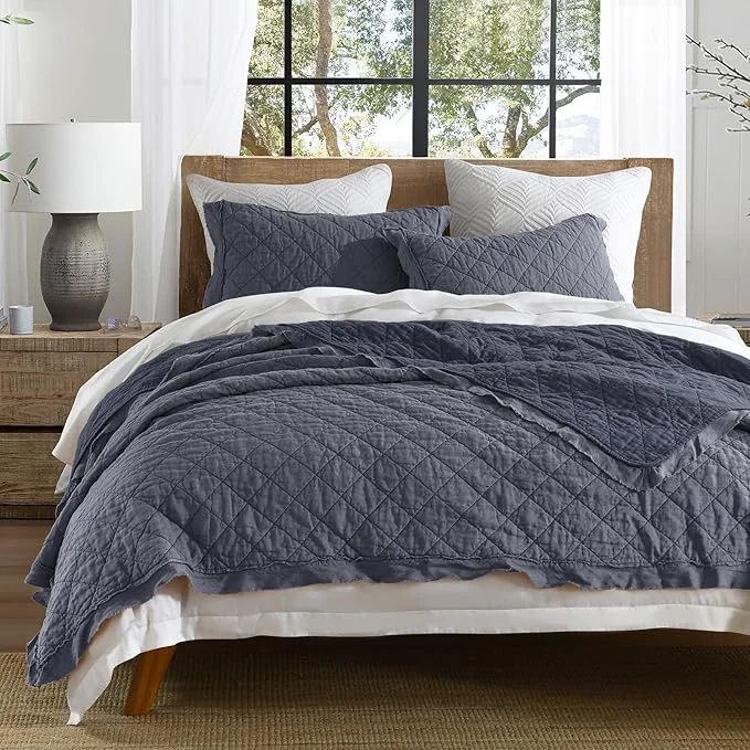 Easy-to-Use HORIMOTE HOME Linen Front Cotton Back Quilt Set Twin Size Steel Blue Pre-Washed Flaxen Bedspread Coverlet Set Diamond Stitch Cotton Linen Bedding Set 2-Piece for All Seasons Responsible