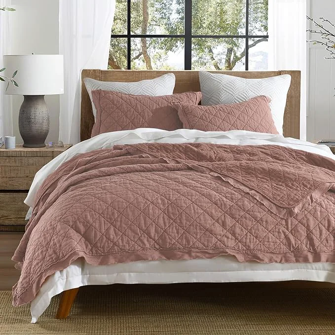 Green HORIMOTE HOME Linen Front Cotton Back Quilt Set Queen Size Cameo Rose Pre-Washed European Flax Linen Quilt Diamond Stitch Bedspread Coverlet Bedding Set 3-Piece for All Seasons Reusable