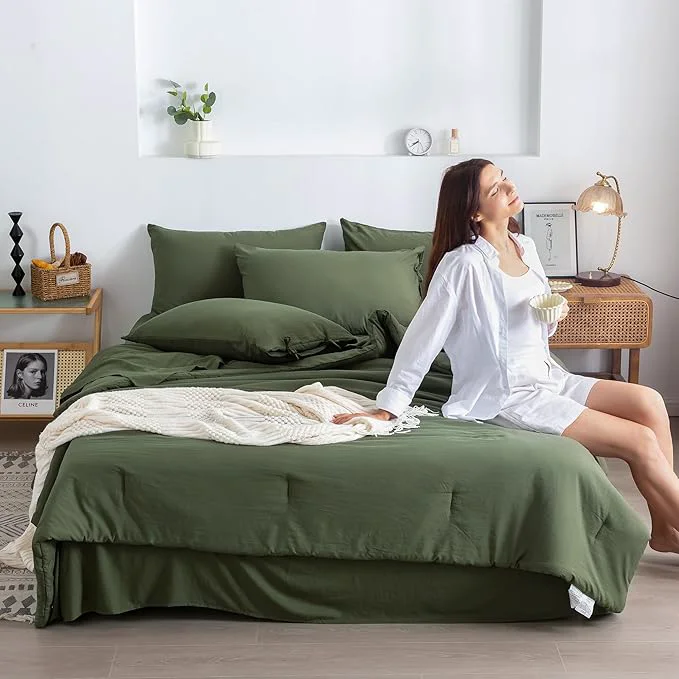 Specialty COTTEBED Super Soft King Size Comforter Set with Sheets - 7 Pieces KING BED IN A BAG Modern Farmhouse Boho Washed PolyCotton Comforter and Bedding Sheet Set Pillow Sham All Season Use Dark Olive Green Original Design