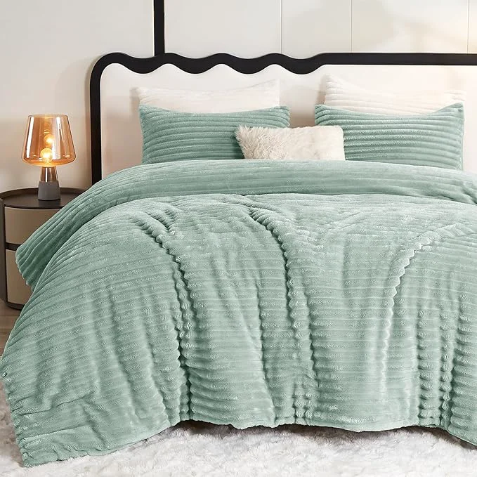 Authentic CozyLux Fluffy Queen Comforter Set - Super Soft Faux Fur Sage Green Comforter Queen Size Winter Warm Fleece Bedding Set 3 Pieces Plush Fuzzy Bed Set 1 Shaggy Comforter 2 Pillowcases Enhanced