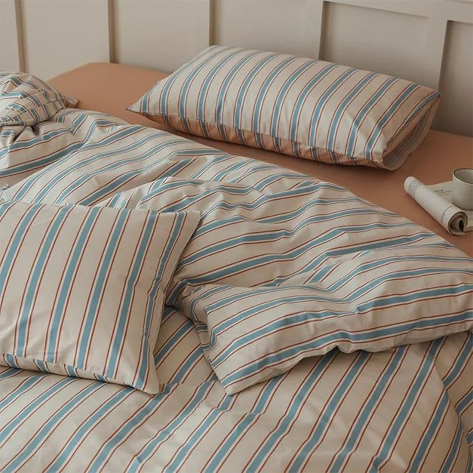 Elite Blue Striped Duvet Cover Set Full Cotton Retro Stripes Pattern 3 Pieces Bedding Set Blue Brown Striped Comforter Cover Minimalist Soft Breathable Duvet Cover with Zipper Closure amp Corner Ties Fast