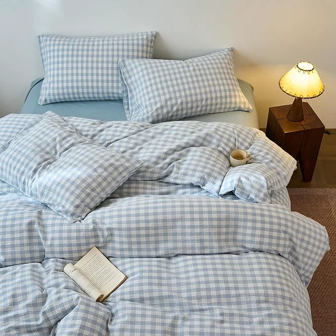 Expertly Made LifeTB Blue Gingham Duvet Cover King Size 3 Pieces Chic Grid Bedding Set Washed Cotton Blue White Plaid Checkered Duvet Cover Breathable Farmhouse Gingham Comforter Cover for All Seasons Pure