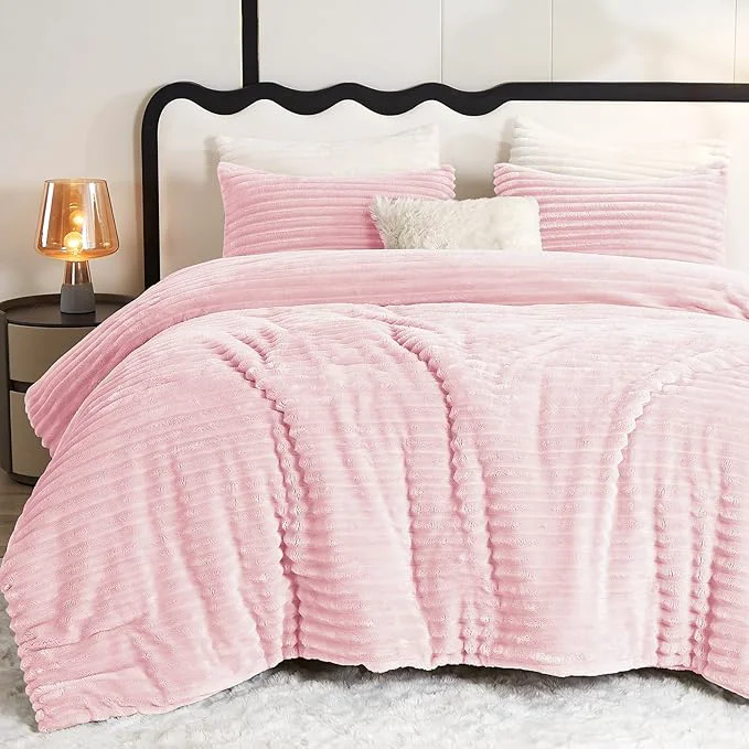 First-Class CozyLux Fluffy Full Size Comforter Sets - Super Soft Faux Fur Pink Comforter Full Size Winter Warm Fleece Bedding Set 3 Pieces Plush Fuzzy Bed Set 1 Shaggy Comforter 2 Pillowcases Natural