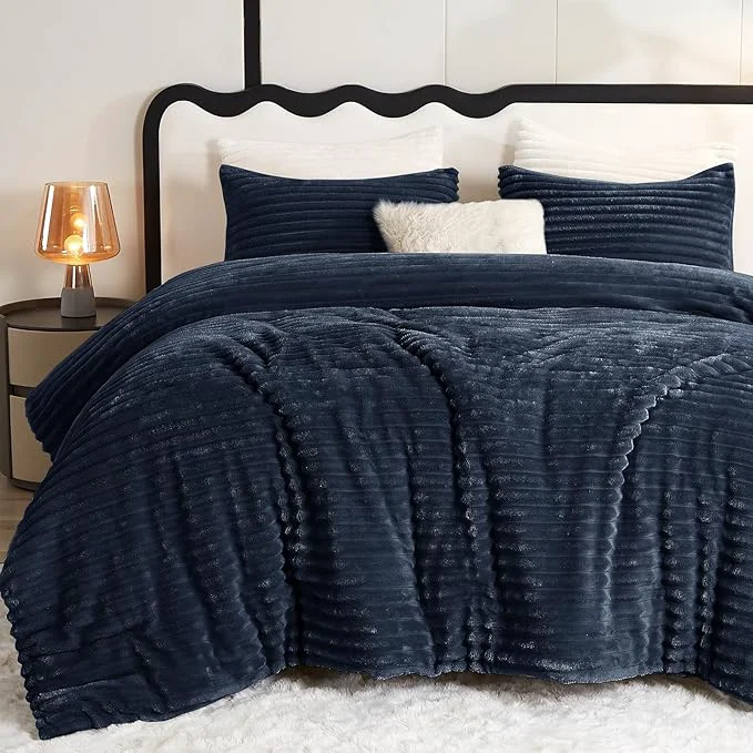 Outstanding CozyLux Fluffy King Size Comforter Set - Super Soft Faux Fur Navy Blue Comforter King Size Winter Warm Fleece Bedding Set 3 Pieces Plush Fuzzy Bed Set 1 Shaggy Comforter 2 Pillowcases Next-Generation