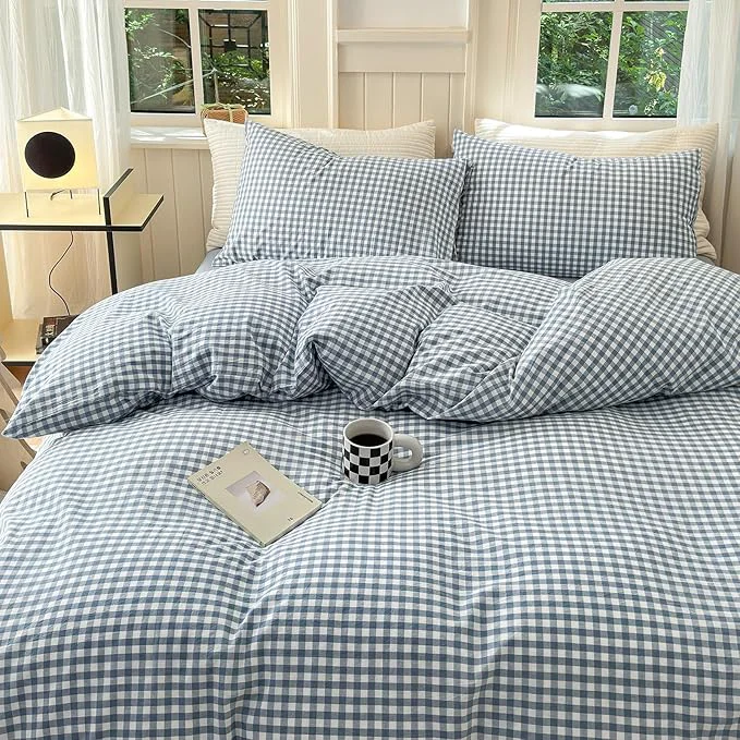 Pure LifeTB Blue Gingham Duvet Cover Full Size Washed Cotton Blue Grid Comforter Cover 3 Pieces Plaid Duvet Cover with Zipper Closure Luxury Soft Gingham Plaid Bedding Cover Full with 2 Pillowcases Healthy