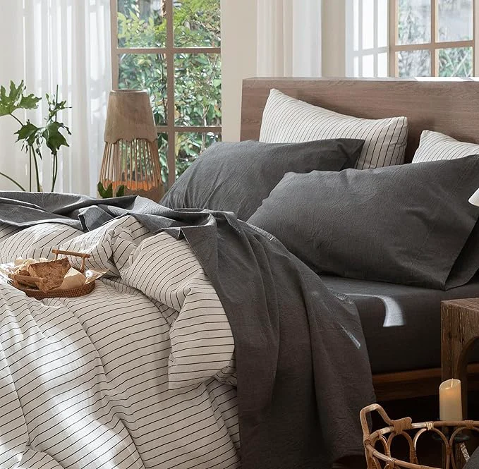 Specialty MooMee Bedding Sheet Set Washed Cotton Linen Like Textured Breathable Durable Soft Comfy Heathered Dark Grey Full Healthy