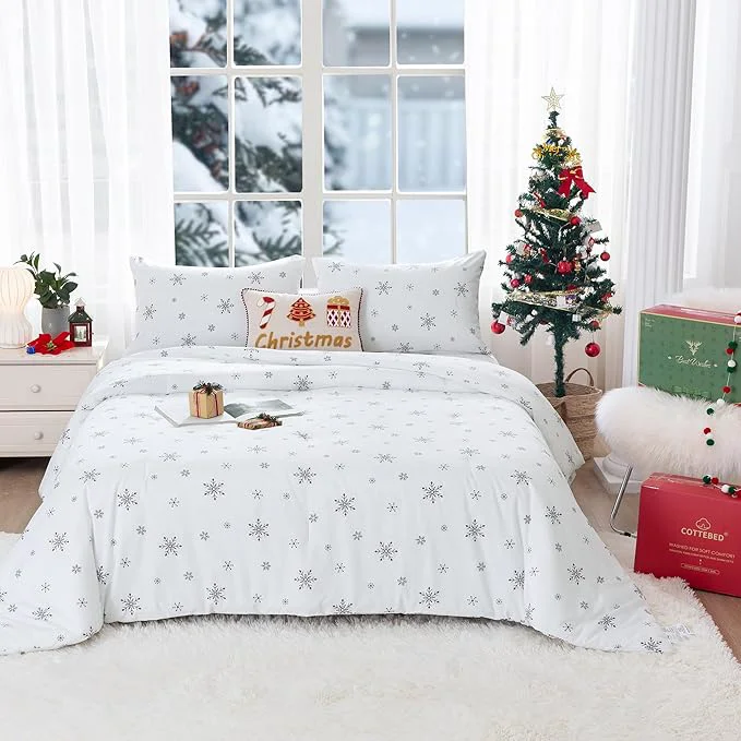 Reusable COTTEBED Snowflakes Christmas Comforter Queen Snow White Warm Winter Comforter Sets Full Size Bedding Down with Pillowsham Super Soft Cozy Brushed Lightweight but Warmth Polycotton Gift Original Design