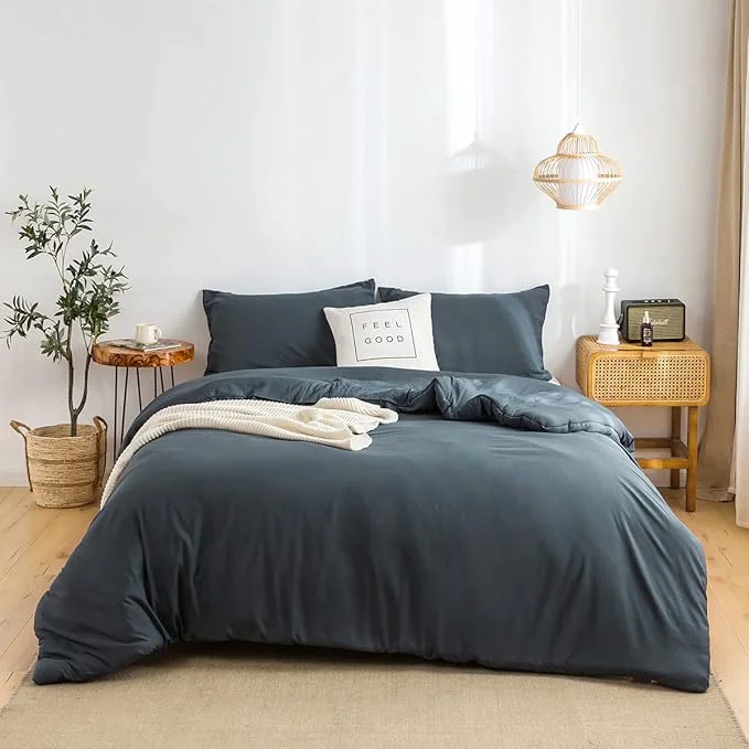 Fine COTTEBED Washed Polycotton Microfiber King Size Comforter Set Lightweight Ultra-Soft Comfy Cozy Bedding Blanket Comforter with 2 Pillow Shams for All Season Use - Dark Dusty Blue Grey King Cal King Smooth