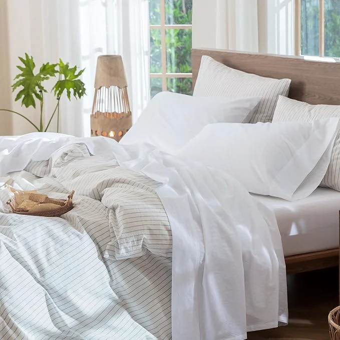 Fine Crafted MooMee Bedding Sheet Set Washed Cotton Linen Like Textured Breathable Durable Soft Comfy Solid Bright White Queen Outstanding