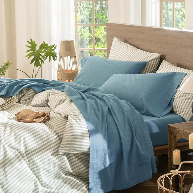 Responsible MooMee Bedding Sheet Set Washed Cotton Linen Like Textured Breathable Durable Soft Comfy Heathered Peacock Blue Queen Long-Lasting