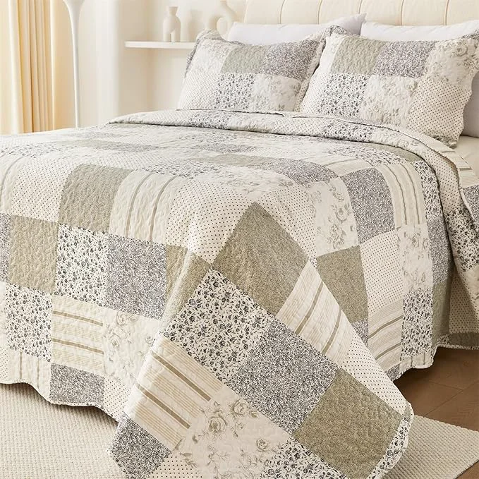 Carefully Designed Cmfshape Summer Floral Queen Quilt Set Grey Patchwork Quilts Queen Reversible Quilted Bedspread with 2 Shams Vintage Farmhouse Coverlet Grey Queen90 x90 Artisan