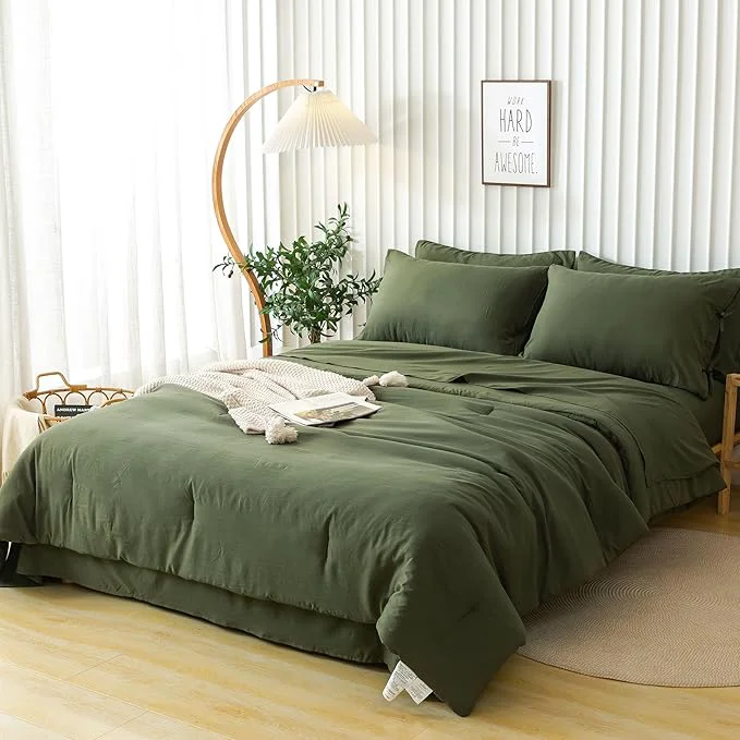 Luxury COTTEBED Ultra-Soft California King Comforter Sets with Sheets - 7 Pieces BED IN A BAG Comfy Farmhouse Boho Washed PolyCotton Comforter Bedding Fitted Sheet Set Pillow Case All Season Dark Olive Green Comfortable