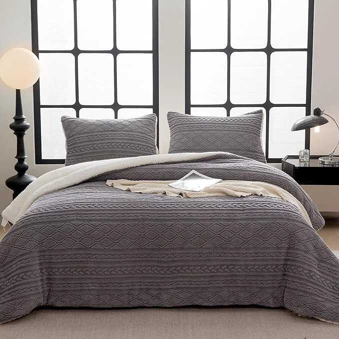 Enhanced COTTEBED Sherpa Fluffy Comforter Sets King Size Boho Tufted Bedding Down Blanket Comforter Super Soft Polycotton Shabby Plush Fleece Sherpa Warm Medium Weight All Season Winter Gray King Cal King Efficient