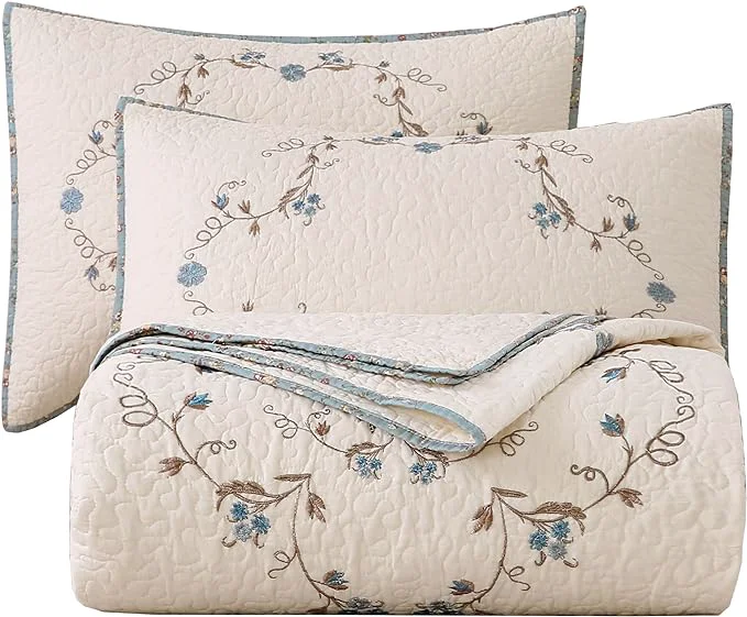 Healthy vctops 3-Piece Elegant Floral Embroidered Bedspread Coverlet Set Oversize Queen Cotton Reversible Patchwork 1 Quilt and 2 Pillow Shams Flower B Oversize Queen Secure