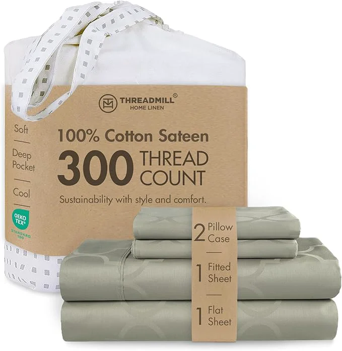 Trendy Threadmill Cotton Queen Sheet Set Cotton Sheets for Queen Size Bed Damask Jacquard Queen Bed Sheets Set with 16 Deep Pocket Soft Sateen Weave 4-Piece Cooling Bedding Set Sage Modern