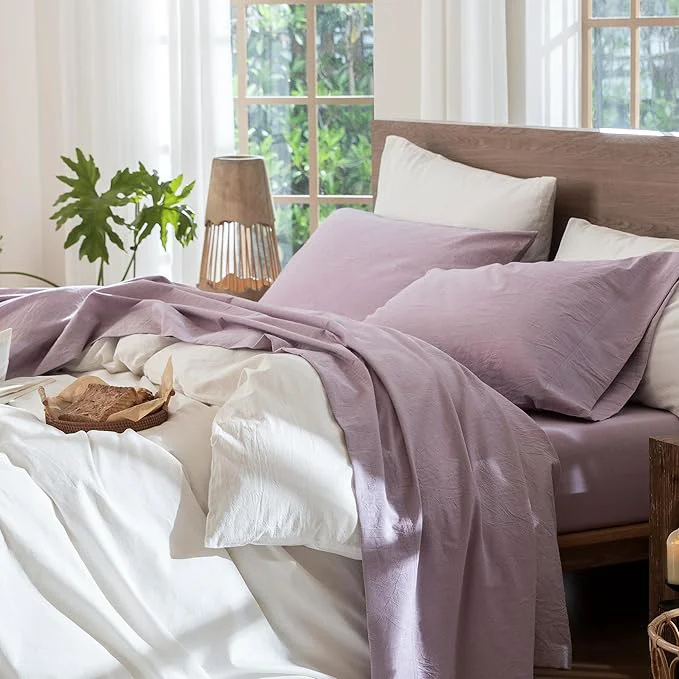 Exclusive MooMee Bedding Sheet Set Washed Cotton Linen Like Textured Breathable Durable Soft Comfy Heathered Light Purple Queen High-End
