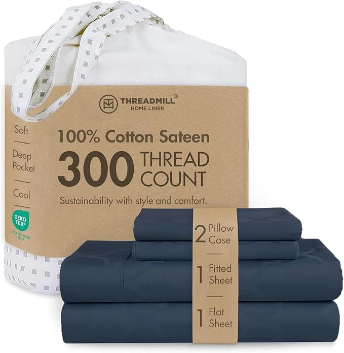 Exceptional Threadmill Cotton Sheets for King Size Bed 4 Pc King Bed Sheets Set Soft Breathable Lightweight Damask Sateen for All-Season Use Snug Fit Elastic Deep Pocket King Sheets Folkstone Blue Expertly Made