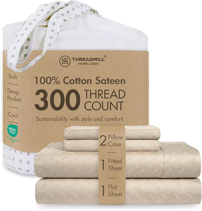 User-Friendly 300 Thread Count Jacquard Astra Light Beige Queen Sheet Set - Cotton Breathable Silky Soft Damask Sheets - 4 Pc Bed Sheet Set Elasticized Deep Pockets - Wrinkle Bedding Sheets by Threadmill Pure