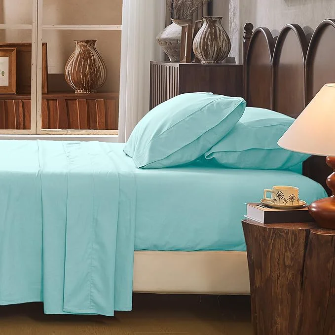 Reliable Linen Sheet Set Queen Size Extra Deep Pocket Fits 18-24 Inch Mattress Breathable amp Soft Smooth 4-Piece Set for Thick Mattresses Hotel Luxury Bedding（Queen Light Blue） Relaxed