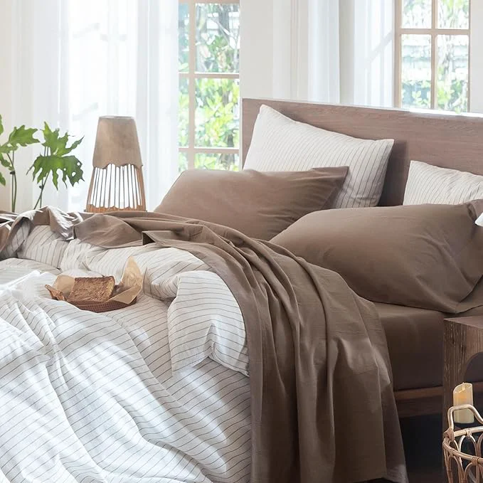 Unique MooMee Bedding Sheet Set Washed Cotton Linen Like Textured Breathable Durable Soft Comfy Solid Brown Full Casual
