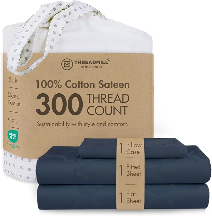 Exclusive Threadmill Cotton Twin XL Sheet Set Cotton Sheets for Twin XL Size Bed Damask Jacquard Sateen Twin XL Bed Sheets Set 16 quot Deep Pocket Soft Breathable 3pc Cooling Sheet Set Folkstone Blue Smooth