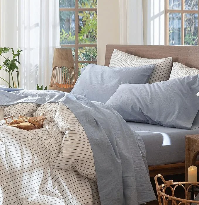 Smooth MooMee Bedding Sheet Set Washed Cotton Linen Like Textured Breathable Durable Soft Comfy Heathered Cornflower Blue California King Lightweight