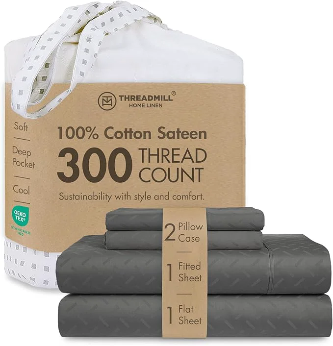 Expertly Made Threadmill Cotton Queen Sheet Set Cotton Sheets for Queen Size Bed Damask Jacquard Queen Bed Sheets Set with 16 Deep Pocket Soft Sateen Weave 4-Piece Cooling Bedding Set Dark Grey Natural