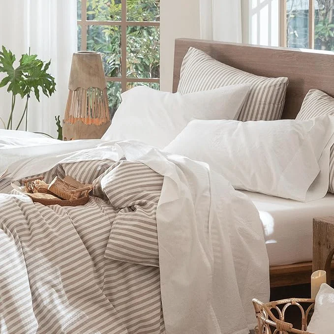 Fast MooMee Bedding Sheet Set Washed Cotton Linen Like Textured Breathable Durable Soft Comfy Solid Off White Full Natural