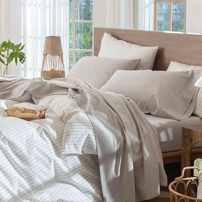 Sophisticated MooMee Bedding Sheet Set Washed Cotton Linen Like Textured Breathable Durable Soft Comfy Solid Light Tan King Consistent