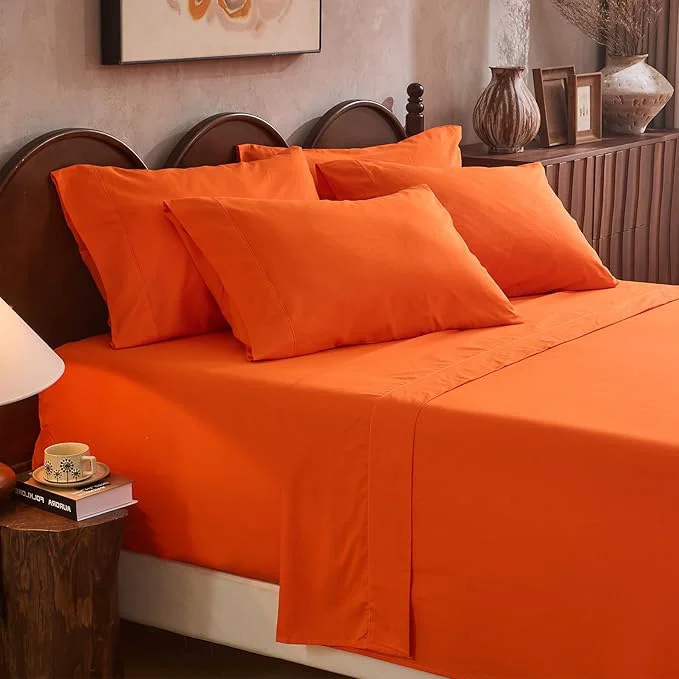 Modern Linen Sheet Set King Size Extra Deep Pocket Fits 18-24 Inch Mattress Breathable amp Soft Smooth 6-Piece Set for Thick Mattresses Hotel Luxury Bedding（King Orange） High-End