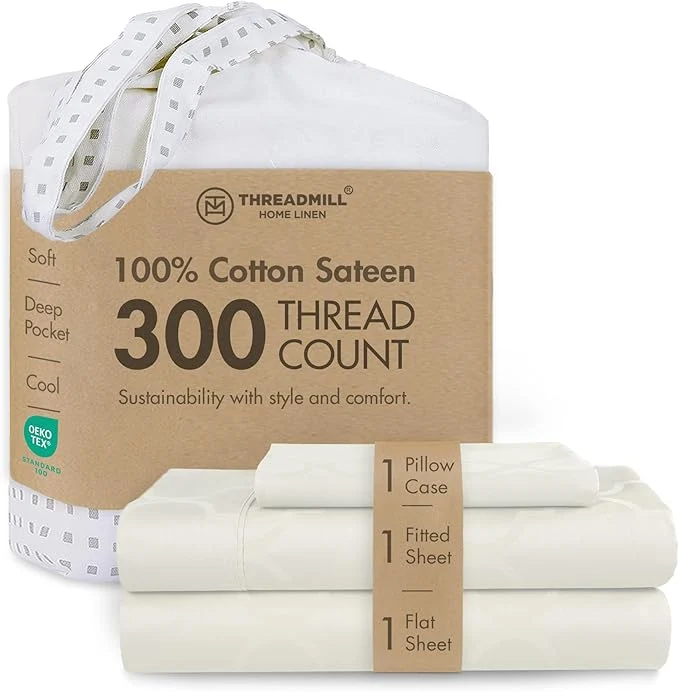 Pure Threadmill Cotton Twin XL Sheet Set Cotton Sheets for Twin XL Size Bed Damask Jacquard Sateen Twin XL Bed Sheets Set with 16 Deep Pocket Soft Breathable 3-Piece Cooling Sheet Set Ivory Trendy