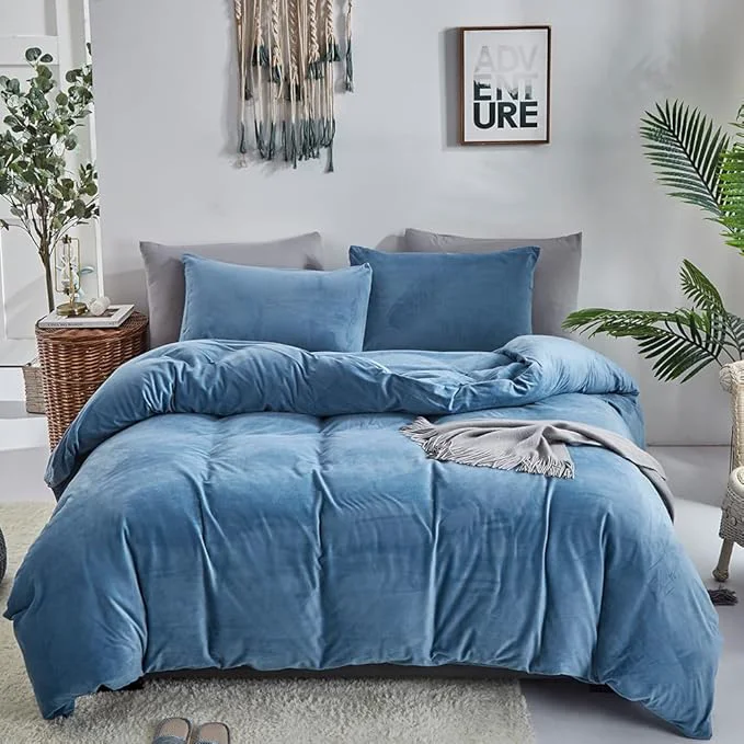 Elite CLOTHKNOW Blue Velvet California King Comforter Set Soft Bedding Comforter Sets Lake Blue Comforter with 2 x Pillow Cases Smooth