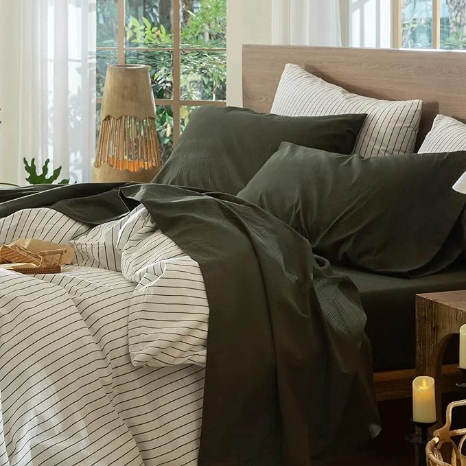 Classic MooMee Bedding Sheet Set Washed Cotton Linen Like Textured Breathable Durable Soft Comfy Solid Olive Green King Advanced