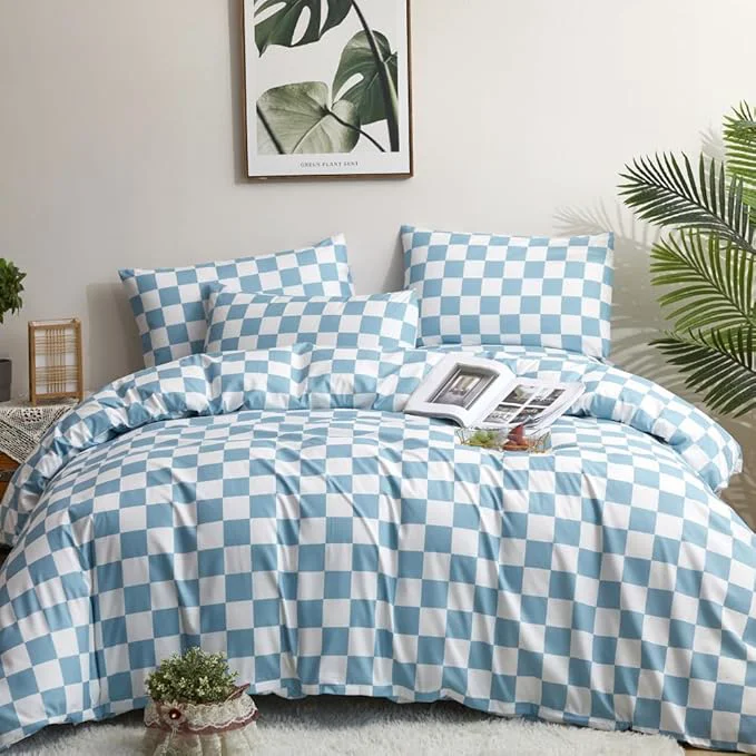 Original Design CLOTHKNOW Blue White Plaid Queen Comforter Set Grid Bedding Comforter Sets Soft Light Blue Comforter Checker Queen Size Comforter Sets Enhanced