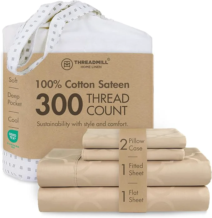 Functional Threadmill Cotton Full Size Sheet Set Cotton Sheets for Full Size Bed Damask Jacquard Full Bed Sheets Set with 16 Deep Pocket Soft Sateen Weave 4-Piece Cooling Bedding Set Beige Trendy