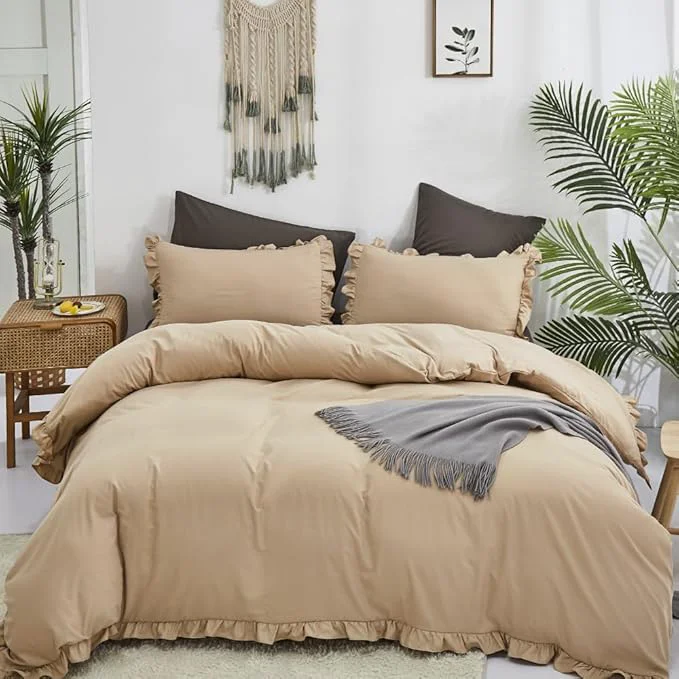 Detailed CLOTHKNOW Taupe Ruffle Queen Comforter Set Champagne Bedding Comforter Sets Soft Shabby Chic Farmhouse Comforter with 2 x Pillow Cases Verified