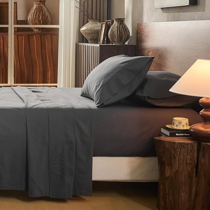 Professional Linen Sheet Set Cal King Size Extra Deep Pocket Fits 18-24 Inch Mattress Breathable amp Soft Smooth 4-Piece Set for Thick Mattresses Hotel Luxury Bedding（Cal King Dark Grey） High-Grade