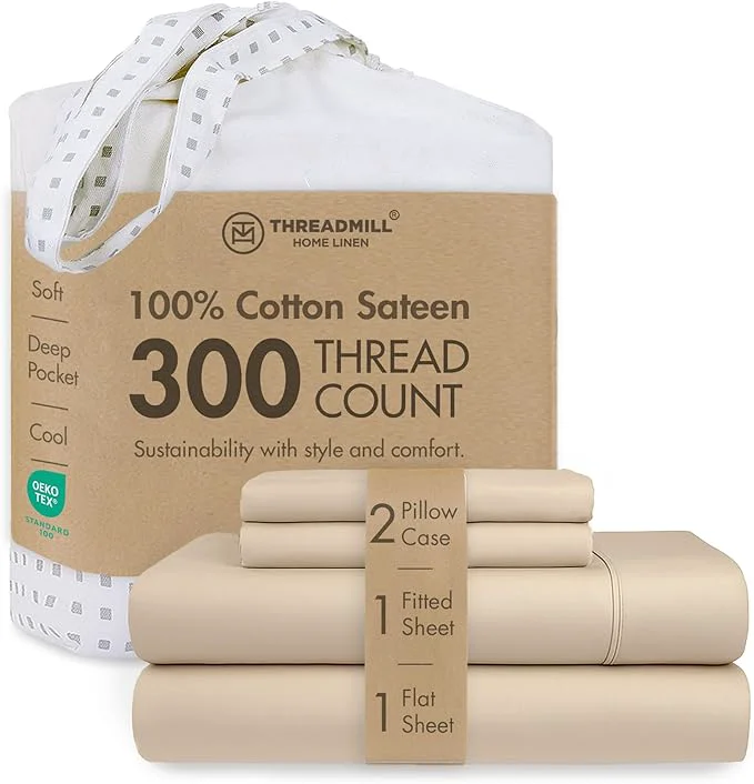 Smooth Threadmill Cotton Full Size Sheet Set Cotton Sheets for Full Size Bed Solid Sateen Full Bed Sheets Set with 16 Elasticized Deep Pocket Soft Breathable 4-Piece Cooling Sheet Set Beige Specialty