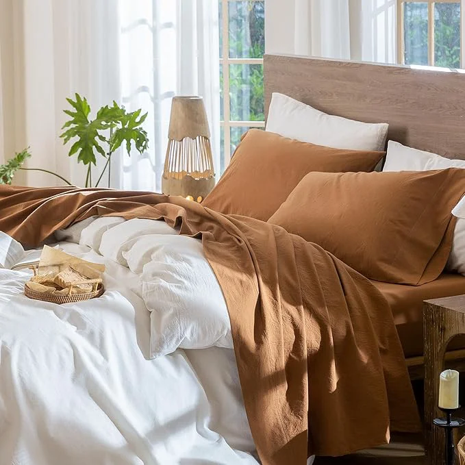 Original Design MooMee Bedding Sheet Set Washed Cotton Linen Like Textured Breathable Durable Soft Comfy Solid Dark Orange King Exclusive