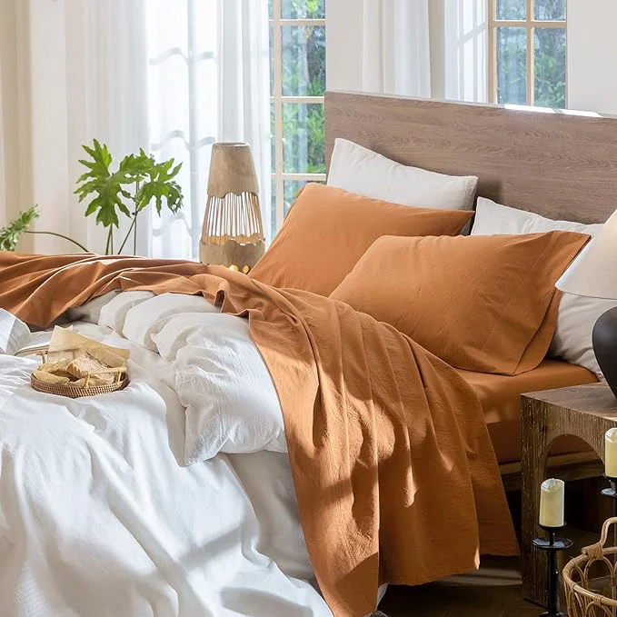 Sustainable MooMee Bedding Sheet Set Washed Cotton Linen Like Textured Breathable Durable Soft Comfy Solid Burnt Orange King Unique