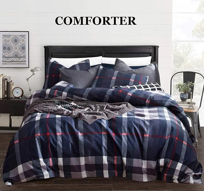 Contemporary CLOTHKNOW Blue Plaid Queen Comforter Set Tartan Buffalo Bedding Comforter Sets Soft Grid Comforter with 2 x Pillow Cases