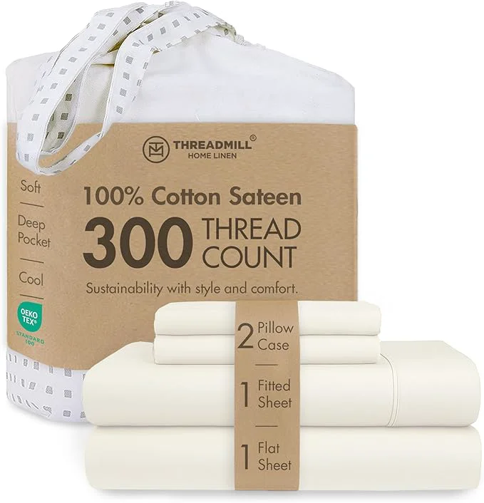 Carefully Designed Threadmill Cotton Queen Sheet Set Cotton Sheets for Queen Size Bed Solid Sateen Queen Bed Sheets Set with 16 Deep Pocket Soft Breathable 4-Piece Cooling Bedding Sheet Set Ivory Selected