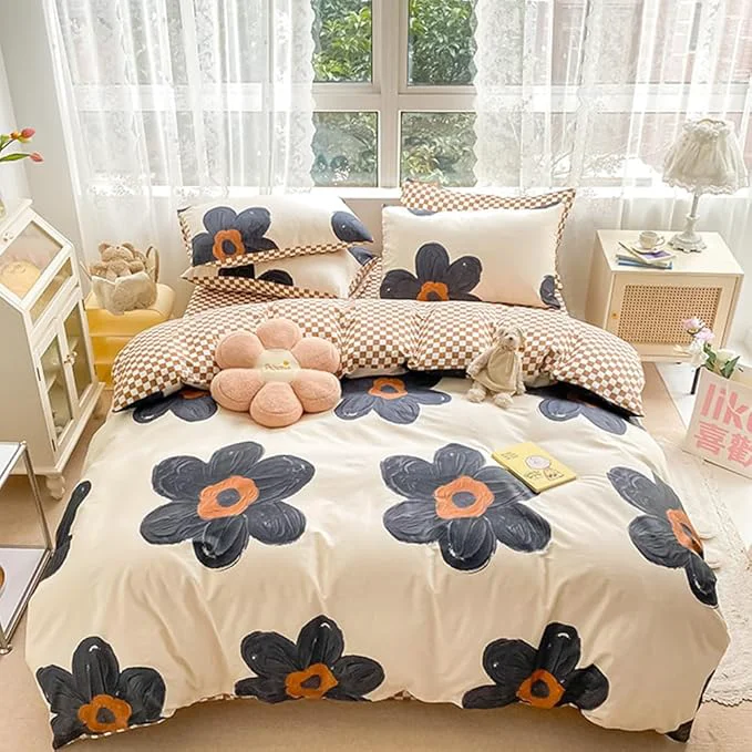 Optimized CLOTHKNOW Black Sunflower Queen Comforter Set Floral Bedding Comforter Sets Brown Plaid Comforter Soft Botanical Queen Comforter with 2 x Pillow Cases Classic