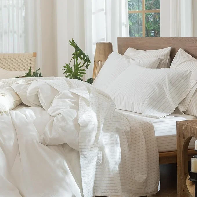 Original Design MooMee Striped Sheet Set Washed Cotton Linen Like Textured Breathable Durable Soft Comfy White Almond Milk Grey Wide Stripes King Trusted