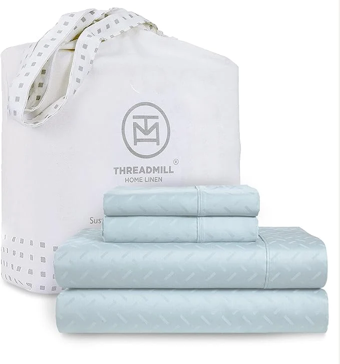 Refined Threadmill Cotton Twin Sheet Set Cotton Sheets for Twin Size Bed Damask Jacquard Sateen Twin Bed Sheets Set with 16 Deep Pocket Soft Breathable 3-Piece Cooling Sheet Set Blue Premium