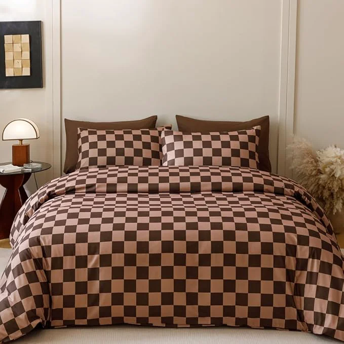 High-Quality CLOTHKNOW Dark Brown Plaid California King Comforter Set Grid Bedding Comforter Sets Soft Checkered Geometric Comforter with 2 x Pillow Cases Verified